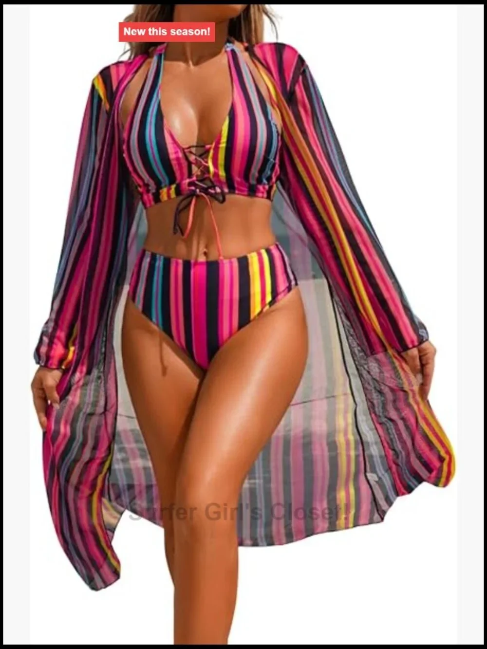3 Piece Swimsuit Set with Halter Top, High Waisted Bottoms & Cover Up